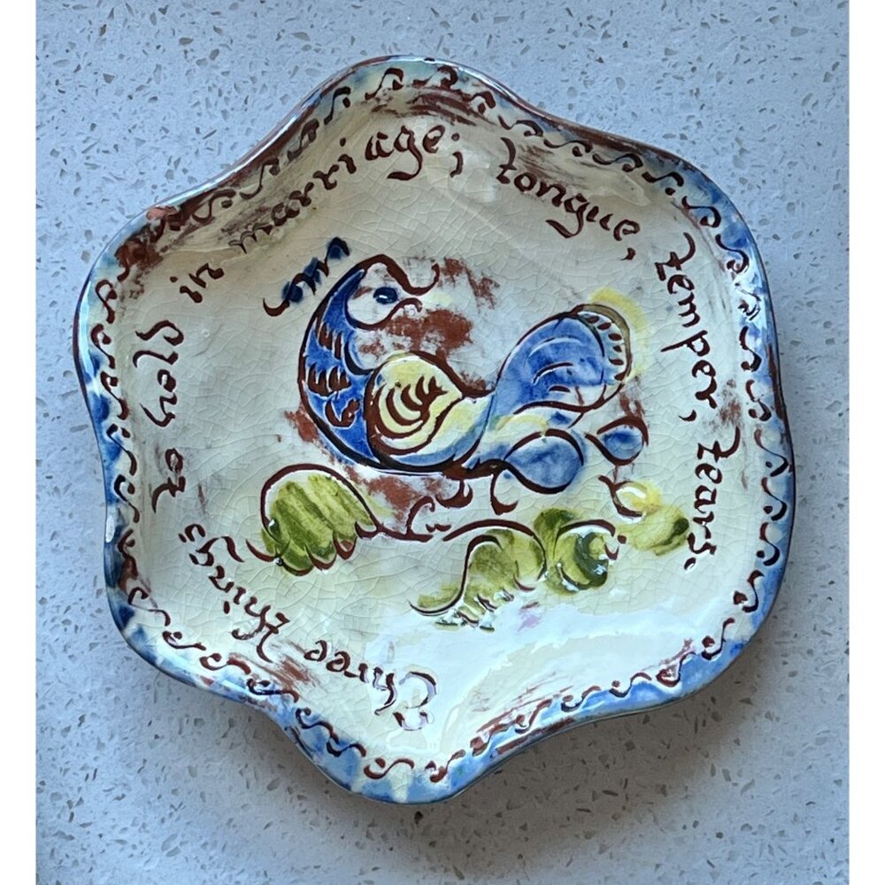 Signed Weldon Ceramic Trinket Dish With Hand-Painted Bird & Scribed Marriage Quo